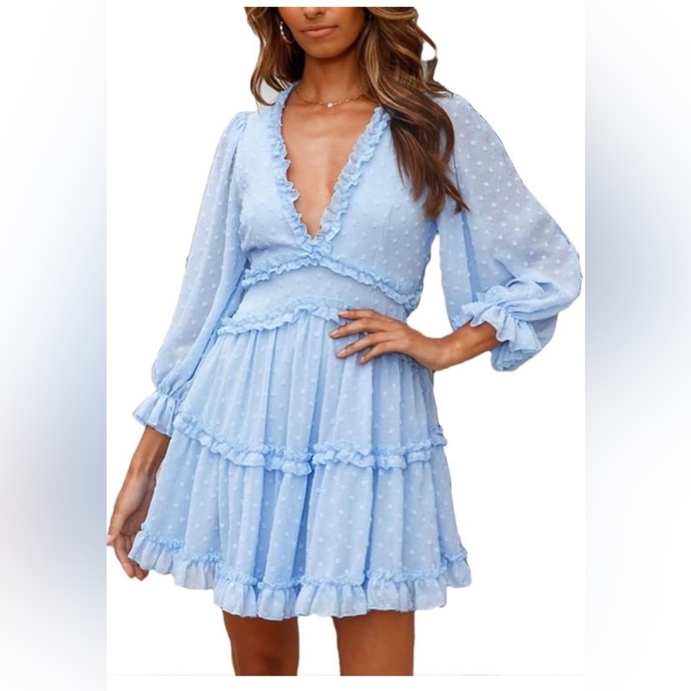 Ruffled Dress -Sky Blue - Polka Dot -Open back